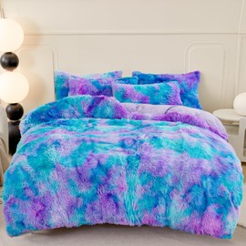 SUCSES Plush Shaggy Bedding Duvet Cover Set for Teens Girls, 3Pcs Faux Fur Fluffy Velvet Comforter Cover Set, Blue Purple Tie Dye Furry Bed Sets for Kids Teens (Blue Purple, Full)