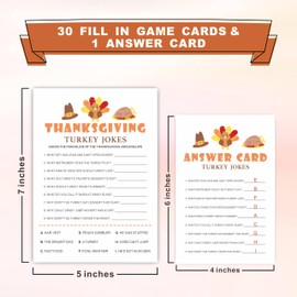 VZVCTFS Thanksgiving Game Set - Turkey Jokes - 30 Pcs Double-Sided Fill in Style Game Cards with Answer Sheet for Family, Friends, Classroom Party Activities & Supplies - A05