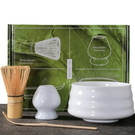 SHGarden Matcha Whisk Set Handcrafted Bamboo Japanese Matcha Tea Set House Hold Tea Making Tool Matcha Bamboo Whisk and Scoop Ceramic Matcha Bowl and Whisk Holder for Matcha Tea SH0036 (White)