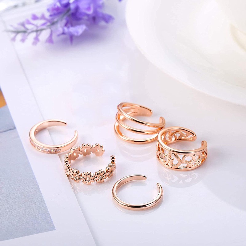 5 Pcs Silver Plated Toe Rings for Women Adjustable Band