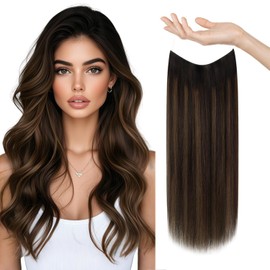 Sunny Wire Hair Extensions Real Human Hair Fish Line Human Hair Extensions Invisible Wire Extensions Dark Brown to Light Brown with Dark Brown #2/2/6 18 Inch