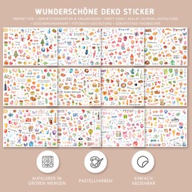 BIROYAL 12 Sheets Sticker Birthday Set - Over 500 Stickers for Guest Book Birthday, Photo Album, Birthday Cards & Gifts - Birthday Decoration Full of Love for Adults and Children (17 x 24 cm)