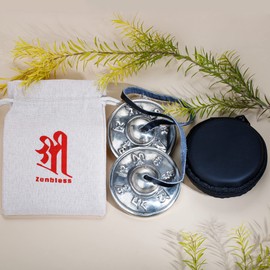 ZenBless Tibetan Tingsha Cymbals 2pcs, with Storage Box and Fabric Case, Meditation Sanskrit White Brass Chime Bells for Spiritual Healing Mindfulness, Yoga Buddhist, Relaxation Musical Instruments