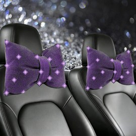 2 Pack Bling Car Pillows, Rhinestone Bow Pillow for Car, Comfortable Neck Support Headrest Pillows Pink Diamond Accessories for Girls and Women (Purple Diamond)