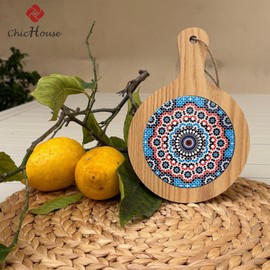 ChicHouse Set of 2 Mini Wooden Kitchen Chopping Boards with Handle Ideal for Small Appetizers, Cheese, Cold Meats or as Surface Saver and Trivet. (2, Blue Flower, Round 20.5 x 14.5 x 1 cm)