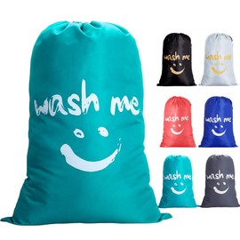 IHOMAGIC Extra Large Laundry Bag with Drawstring, Jumbo Size Washing Bag, Foldable Laundry Bag, Durable Fabric Polyester Storage Bag for College Dorm 61x92cm (Blue-smile)