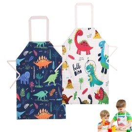 RHZXD Pack of 2 Children's Cooking Aprons Dinosaur 2 to 7 Years Children's Apron Waterproof Adjustable with Pocket for Girls and Boys for Baking, Garden, BBQ (Dinosaur), Dinosaurs