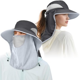 ZEXIAN Men&Women Wide Brim Fishing Ponytail Sun Hat with Removable Face and Neck Flap UPF 50+ UV Protection Safari Cap (US, Alpha, One Size, Dark Grey+Dark Grey)