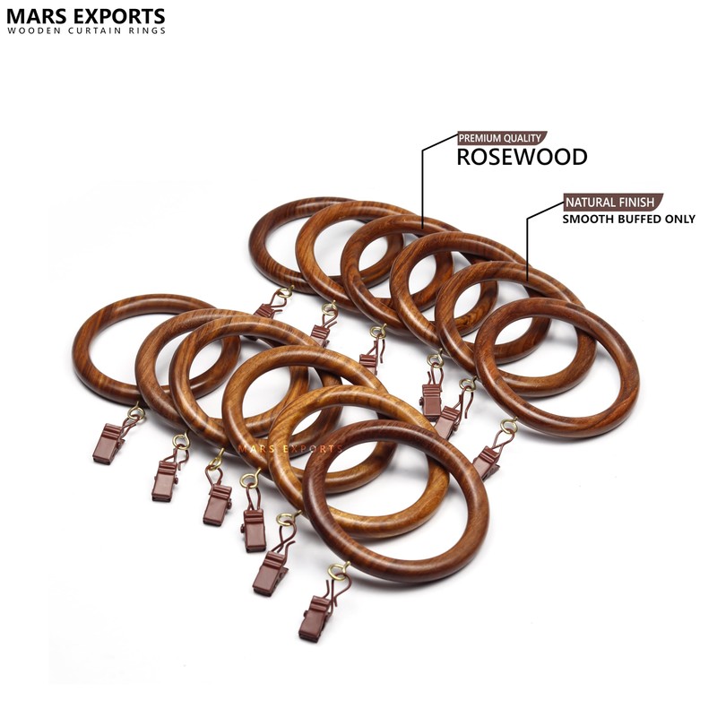 24 Wooden Curtain Rings with Clips – Fits 2.5 Inch