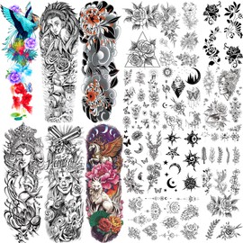 CUTELIILI Temporary Tattoo for Women, 6 Sheets Flora Sleeve Tattoos Skeleton, 10 Sheets Half Arm Tattoo Kits, Fake Tattoos That Look Real, Roses, Eyes, Fox for BBQ Pool Beach Party