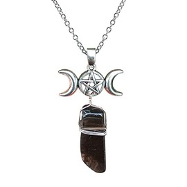 COLORFUL BLING Triple Goddess Moon Symbol Natural Stone Pendant Necklace Crescent Healing Wicca Pagan Pentagram for Women Amulet Sailor Moon Lucky Jewelry-Black
