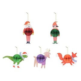 PartyDeco 5 Christmas Honeycomb Decorations, Christmas Tree Decorations, Festive Baubles Santa Reindeer Elf Fox Dinosaur, Christmas Crafts