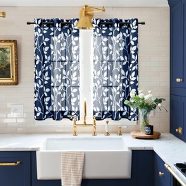 XTMYI - Cortina de ventana de baño de longitud corta con patrón de hojas, color azul marino oscuro y blanco