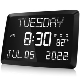 Raynic Digital Clock, 11.5" Large Display Calendar Clock with Day and Date, Indoor Temperature, Adjustable Brightness, Snooze,12/24H, DST for Home, Office, Elderly