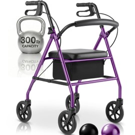 Vive Mobility Steel Rollator Walker with Seat - Foldable, Narrow, Rolling Senior Walker for Small Spaces - 4 Wheel Lightweight Adult Easy Drive with Underseat Storage, Adjustable Height (Purple)