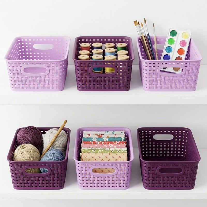 6-Pack Small Baskets, Purple Plastic Open Storage Weave Basket Versatile