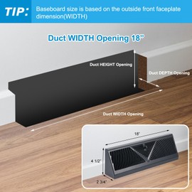 Yaocom 2 Pack Baseboard Register Vent 18 Inch Duct Opening Size Vent Covers for Home Floor Diffuser Wall Corner Baseboard Air Covers, Smooth Air Adjust Lever, Easy Install, Black