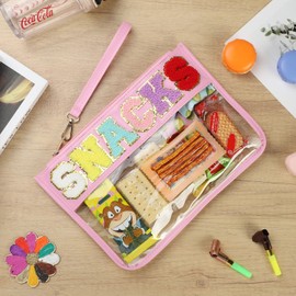 Narsikar Clear Snack Bag for Travel, Chenille Letter Clear Zipper Snacks Pouch Nylon Cosmetic Bag Makeup Travel Bag for Women(Pink)