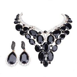 Women Bridal Rhinestone Crystal Statement Necklace Earring Wedding Dress Jewelry Sets (Black)