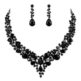 BriLove Wedding Bridal Necklace Earrings Jewelry Set for Women Austrian Crystal Teardrop Cluster Statement Necklace Dangle Earrings Set Black Black-Silver-Tone