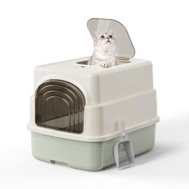 Basics Cat Litter Box with Lid,Fully Enclosed Litter Box with Scoop,Standard Kitty Litter Boxes with Drawer,Front Entry Top Exit Kitty Box,Non-Sticky, Anti-Leakage, Easy Cleaning (Green)