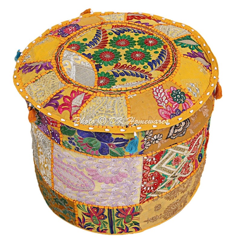 DK Homewares Indian Round Stool Patchwork Embroidered Cotton with Removable