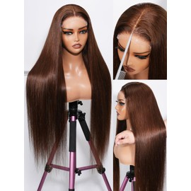 Tscom 28 Inch 5x5 Brown HD Lace Closure Wigs Human Hair 220 Density Wear and Go Glueless Wigs Human Hair Pre Plucked Pre Cut with Bleached Knots Brown Straight Wig for Beginners