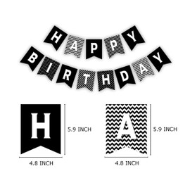 Black & White Birthday Banner, Happy Bday Pennant Decorations, Black Birthday Party Sign