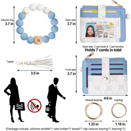 COOLANS Wristlet Bracelet Keychain Pocket Credit Card Holder Purse Tassel Keychain Bangle Key Ring for Women (Silicone Bead Bracelet+Card Purse (Blue&White))