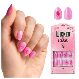 WICKED X KISS Press On Nails Almond, ‘Glinda Goodness’, Pink, Short, Waterproof, Chip Proof, Smudge Proof, 28 Fake Nails, Pink Gel Nail Glue (2g), Mini Nail File, & Manicure Stick