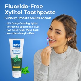 Epic Xylitol Toothpaste for Adults - Fluoride-Free Toothpaste with 25% Xylitol - SLS-Free Formula for Dry Mouth & Fresh Breath - Spearmint, 4.9oz (2-Pack)