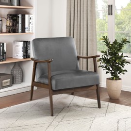 Lexicon Mid Century Modern Chair Velvet Accent Chair for Living Room Chair w/Solid Wood Armrests and Legs, Cushioned Seat and Backrest, Reading Chair and Lounge Chair for Bedrooms/Studios, Dark Grey