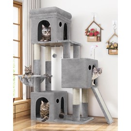 Globlazer Cat Tower for Multiple Indoor Cats, 52 inch Heavy Duty Cat Tree with 3 Condos, Plush Cat Condo with Scratch Posts and Pad for Adult Cats Kitten, Padded Perch, Basket Bed, F52B, Light Grey