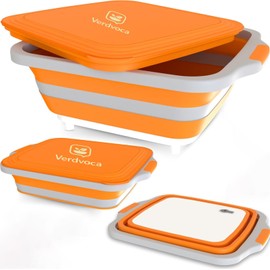 Verdvoca Collapsible BBQ Prep Tub with Cutting Board Lid, 3-Size Portable Wash Basin for Outdoor Camp/Tailgate & Competition, Dishwasher-safe Marinating Container, BPA-Free,16L Orange