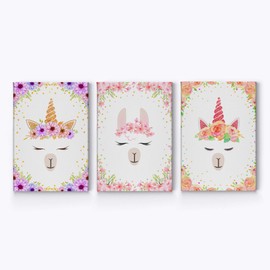Smile Art Design Cute Lama and Unicorn Floral Background 3 PANEL CANVAS PRINT SET Kids Room Decor Wall Art Baby Room Decor Nursery Decor Ready to Hang Made in the USA-(12x8) x3