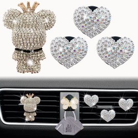 Bling Heart & Bear Air Vent Clips, 4 Pcs Silver Heart Car Air Fresheners Diamond Car Diffuser Car Interior Decor Charm Cute Car Accessories Car Decoration for Women + Cute Butterfly Mask Hook