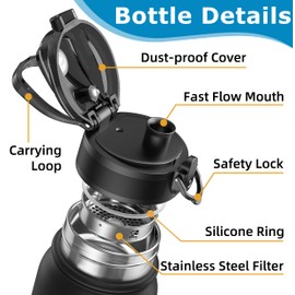 OLDLEY 600ml/20oz Stainless Steel Water Bottle Double Walled Vacuum Flask Keeps Drink Hot and Cold Leakproof BPA Free 600ML Metal Insulated Water Bottle for Sport School Work Outdoor Hiking (Black)