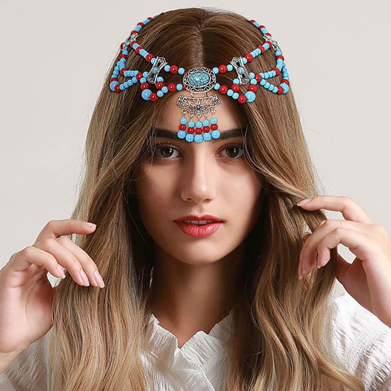 Urieo Boho Turquoise Head Chain Blue Layered Beaded Forehead Chain