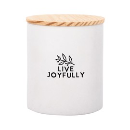 Dexsa Live Joyfully Ceramic Canister with Lid - Natural Pine Lid - Hold Utensils, Sugar, Tea Bags, Coffee Grounds, Spices, Cotton Balls, Bath Salts or Toiletries