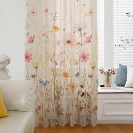 Botanical Wildflower Window Curtains 54 Inches Long,Semi Sheer Rod Pocket Chiffon Curtains & Drapes Drapery Voile Draperies Window Treatment for Living Room/Bedroom,Retro Colored Spring Floral Herb