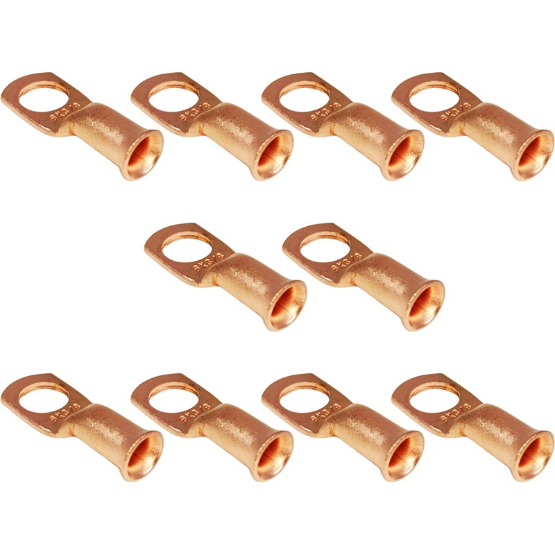 10 Pack 6 AWG 3/8" Bare Copper Ring Terminals, Heavy