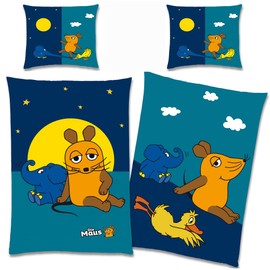 Die Sendung mit der Maus Children's Bed Linen Night Blue 135 x 200 cm + 80 x 80 cm 100% Cotton Flannel Quality Stars Moon Duck Elephant Reversible Bedding with YKK Zip German Size