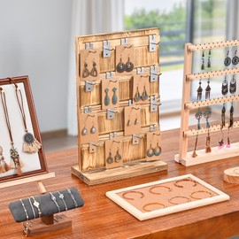 Lolalet Wood Rotating Jewelry Display Stand for Selling, 32 Hooks Earring Card Spinning Display Stand Rack, Jewelry Holder for Necklaces Bracelets Keychain -Oak