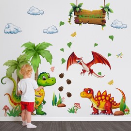 Dinosaur Wall Decals, Cartoon Jungle Theme with Palm Trees and Clouds, Kids Room Decorative Removable Stickers (M12016)