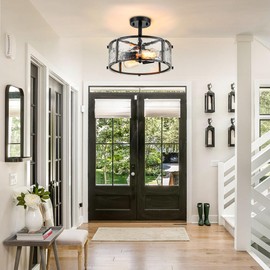 TinHon Black Semi Flush Mount Ceiling Light,12.8" Modern Small Drum Close to Ceiling Light Fixture,Easy to Install 2-Light Lightweight Glass Ceiling Lights for Dining Room,Living Room,Kitchen