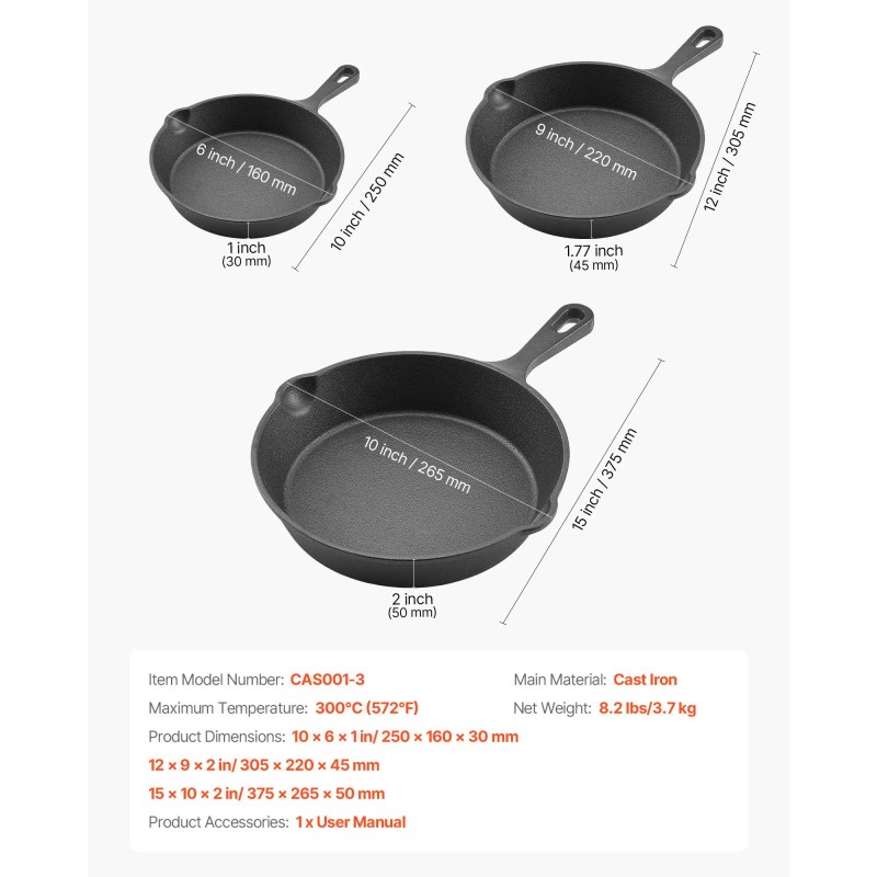 Heavy-Duty Cast Iron Skillet Set 3-Piece Pre-Seasoned Chef's Pan with