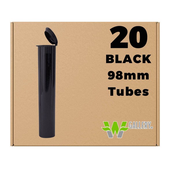 W Gallery 20 Black 98mm Tubes, Pop Top Joints Are Open, Smell-Proof Pre-Roll Blunt J Oil-Cartridge BPA-Free Plastic Container Holder Vial fits RAW Cones 98mm 84mm 83mm 98 Special 1 1/4, 80mm