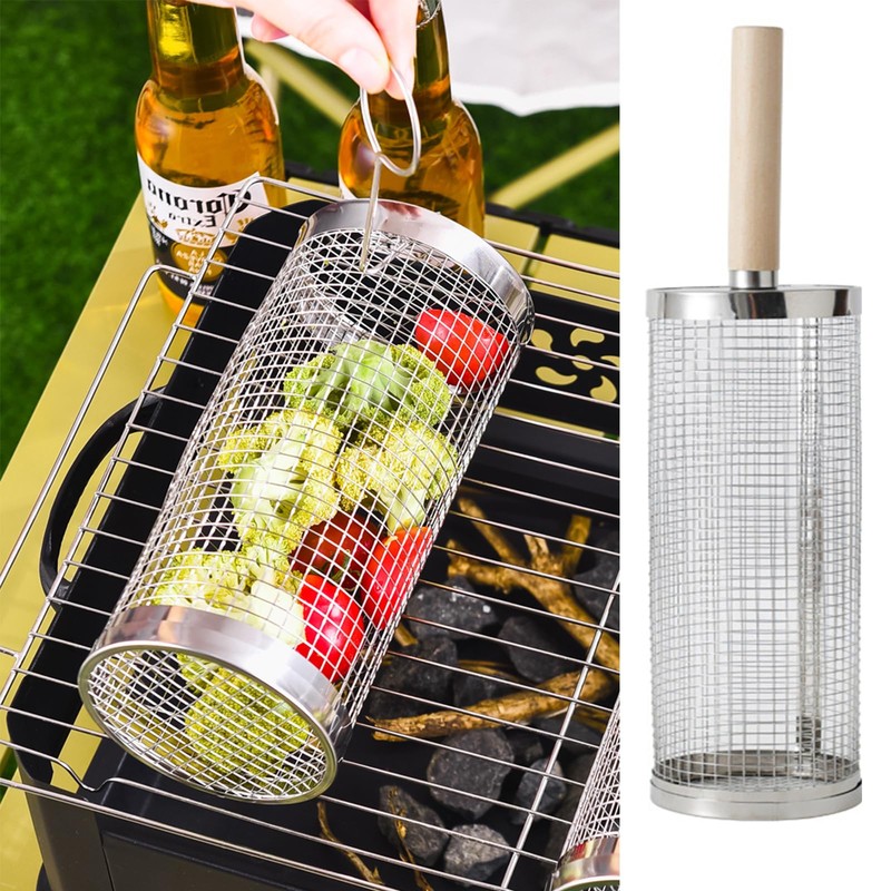 DragonX2 2 Rolling BBQ Baskets with Removable Wooden Handles, Nested