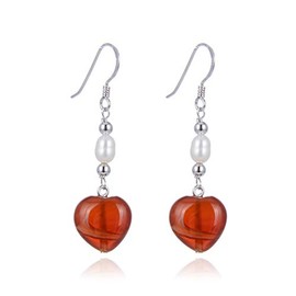 Jo & Co. Red Agate, Pearl and Sterling Silver Drop Earrings, Red Agate Heart, Sterling Silver Beads and White Oval-Shaped Freshwater Pearls, Rhodium-Plated 925 Sterling Silver, Attractively Priced