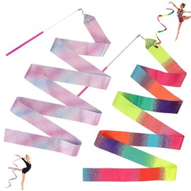 Luxiremi 2 Pcs Dance Ribbons 78.7 Inch Sparkling Dance Ribbon Streamer Gymnastics Ribbon with Wand Twirling Dancing Ribbons Rhythmic Long Ribbon Streamers for Girls Adults